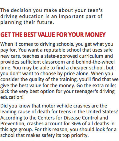 
The decision you make about your teen's driving education is an important part of planning their future. GET THE BEST VALUE FOR YOUR MONEY
When it comes to driving schools, you get what you pay for. You want a reputable school that uses safe new cars, teaches a state-approved curriculum and provides sufficient classroom and behind-the-wheel time. You may be able to find a cheaper school, but you don't want to choose by price alone. When you consider the quality of the training, you'll find that we give the best value for the money. Go the extra mile: pick the very best option for your teenager's driving education!
Did you know that motor vehicle crashes are the leading cause of death for teens in the United States? According to the Centers for Disease Control and Prevention, crashes account for 36% of all deaths in this age group. For this reason, you should look for a school that makes safety its top priority.
driver ed, drivers ed, drivers ed nh, driver ed nh, driver ed meredith, drivers ed meredith, Red Hill Driving School, Redhill Driving School, driving school, driver education New Hampshire, driver education NH, driving schools Moultonborough NH, driving schools Center Harbor NH, driving schools Meredith NH, driver's ed meredith, driver's ed moultonborough academy, Karel Crawford, RedHill Driving School, student driver, teen drivers, teenage driver, RedHill Driving School, Driver Education in Moultonborough NH, Center Harbor NH, Meredith NH, Red Hill, Inter-Lakes Regional School, driving schools meredith, driving schools meredith nh, driving schools center harbor, driver education inter-lakes, driving lessons, driving courses, driver's ed, driving schools, driving instructors, learn to drive, teen driving schools, teenage driving, driving academy, car driving lessons, driving license, local driving school, driving classes, student driving lessons, private driving lessons